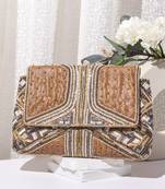 Brown leatherite hand embroidered clutch bag