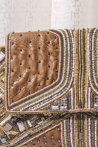 Brown leatherite hand embroidered clutch bag