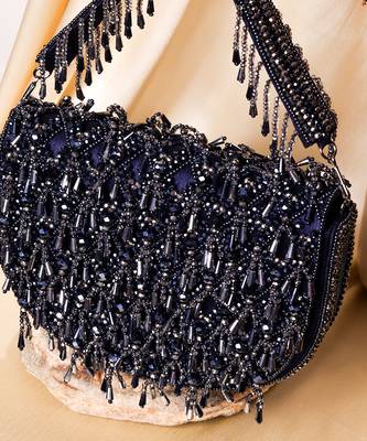 Blue raw silk hand embroidered clutch bag 2