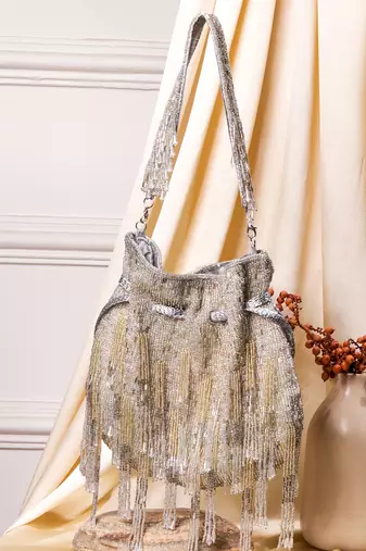 Silver raw silk hand embroidered potli bag