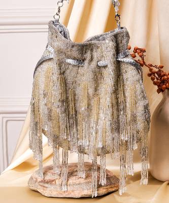 Silver raw silk hand embroidered potli bag 4