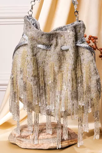 Silver raw silk hand embroidered potli bag