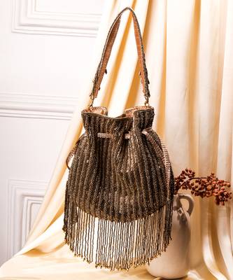 Brown raw silk hand embroidered potli bag 1