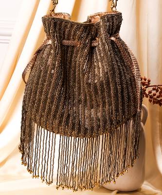 Brown raw silk hand embroidered potli bag 2