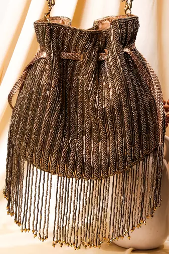 Brown raw silk hand embroidered potli bag