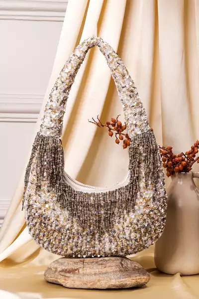 Ivory velvet hand embroidered clutch bag