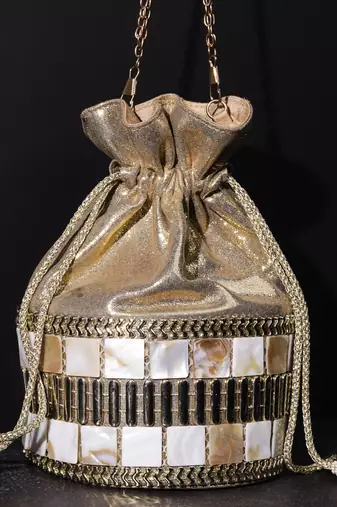 Gold leatherite stone work embellishment potli bag