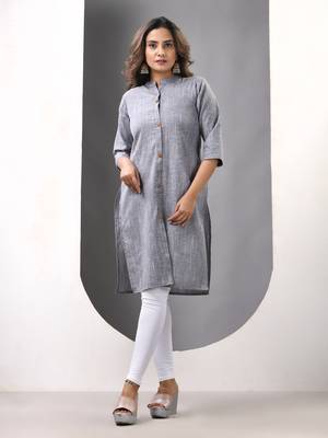Grey solid cotton straight kurta 1