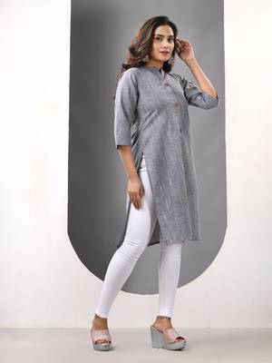 Grey solid cotton straight kurta 2