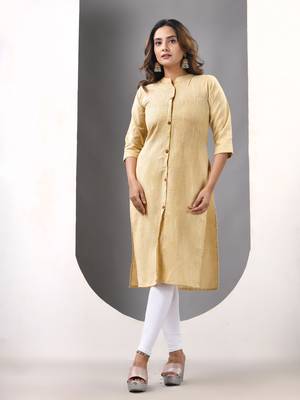 Beige solid cotton straight kurta 1