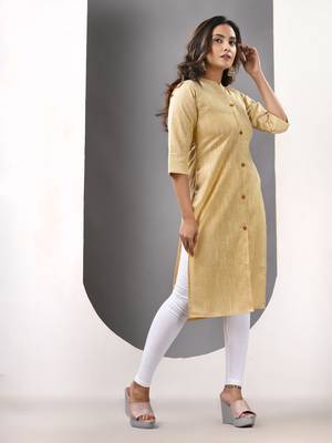 Beige solid cotton straight kurta 2