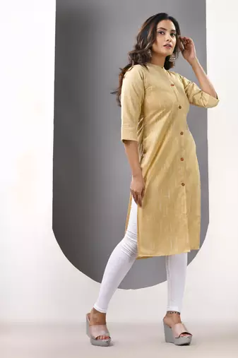 Beige solid cotton straight kurta
