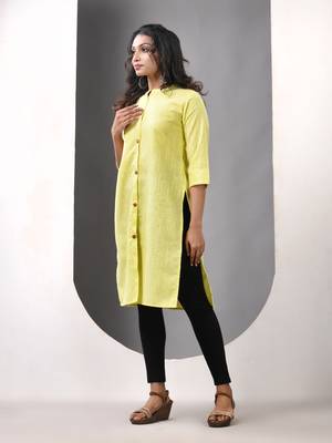 Lemon yellow solid cotton straight kurta 2