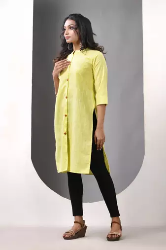 Lemon yellow solid cotton straight kurta