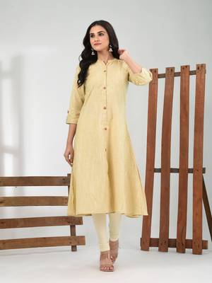 Beige solid cotton a-line kurta 1
