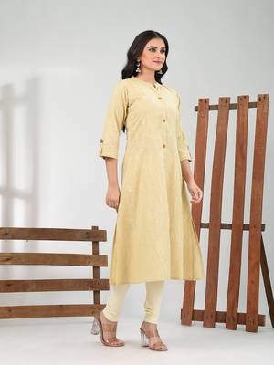 Beige solid cotton a-line kurta 2