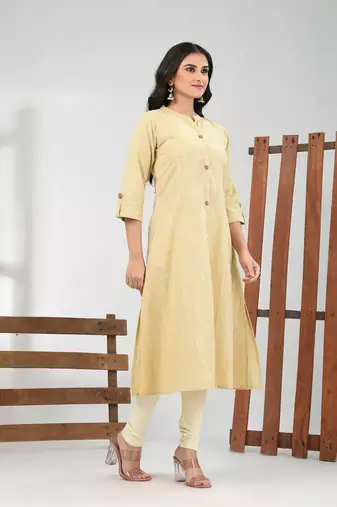 Beige solid cotton a-line kurta