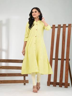 Lemon yellow solid cotton a-line kurta 1