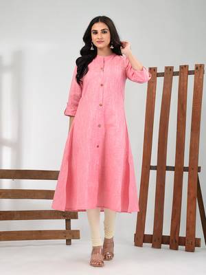 Rose pink solid cotton a-line kurta 1