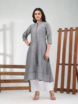 Grey cotton solid a-line kurta 1