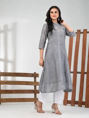 Grey cotton solid a-line kurta 2