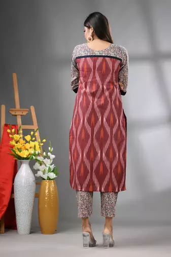 Brown cotton printed stright kurta