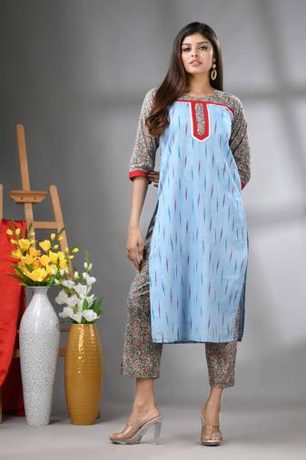 Sky blue cotton printed stright kurta