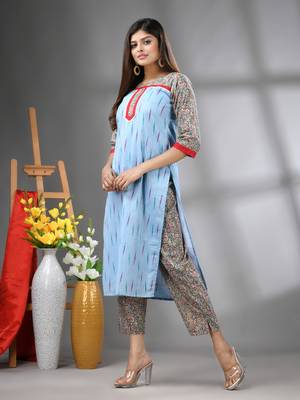 Sky blue cotton printed stright kurta 2
