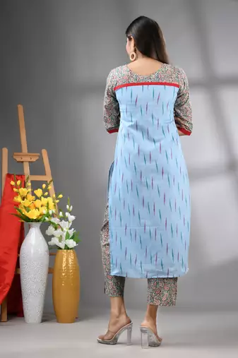 Sky blue cotton printed stright kurta