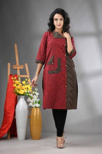Maroon cotton printed straight kurta
