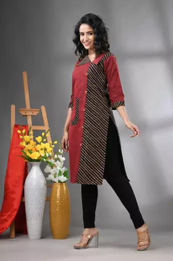 Maroon cotton printed straight kurta