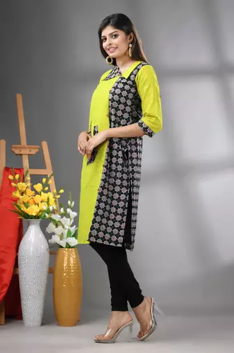 Lime green cotton printed straight kurta