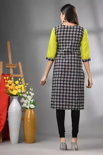 Lime green cotton printed straight kurta