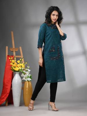 Teal cotton printed straight kurta 2