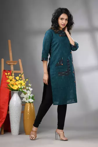 Teal cotton printed straight kurta