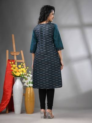Teal cotton printed straight kurta 3