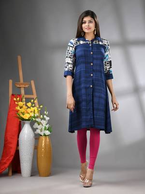 Navy blue rayon solid a-line kurta 1