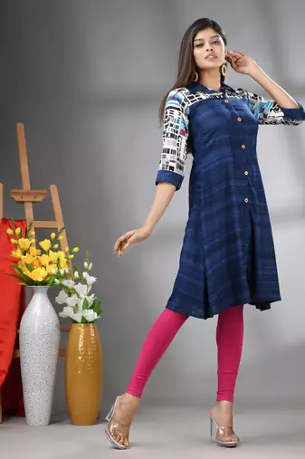 Navy blue rayon solid a-line kurta