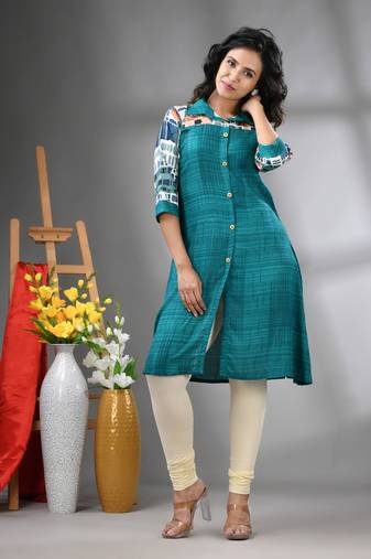 Turquoise rayon solid a-line kurta