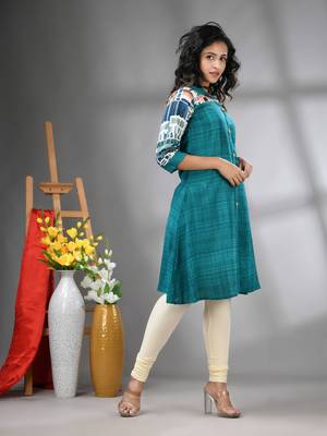 Turquoise rayon solid a-line kurta 2