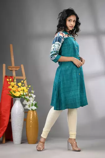 Turquoise rayon solid a-line kurta