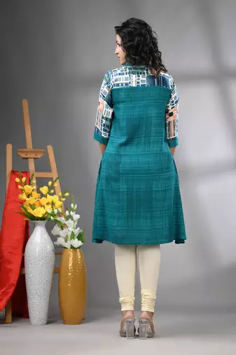 Turquoise rayon solid a-line kurta