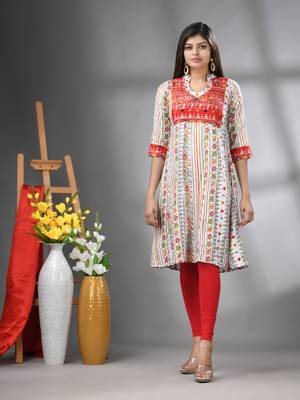 White rayon printed a-line kurta with sequence work 1
