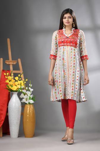 White rayon printed a-line kurta with sequence work