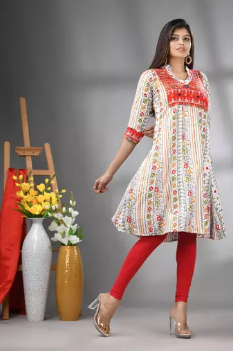 White rayon printed a-line kurta with sequence work