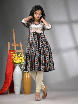 Black rayon printed a-line kurta with sequence work 1