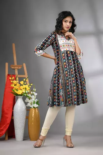 Black rayon printed a-line kurta with sequence work