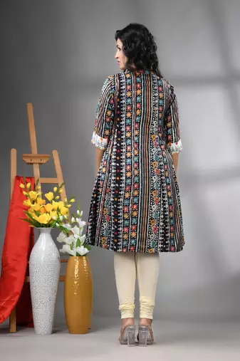 Black rayon printed a-line kurta with sequence work