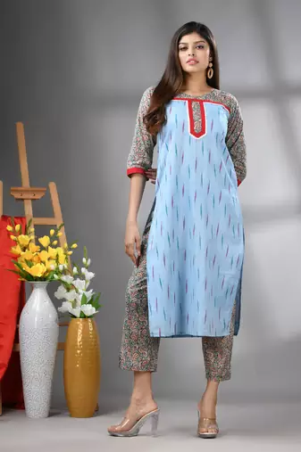 Sky blue cotton printed stright kurta