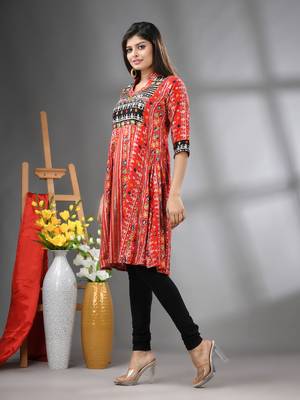 Red rayon printed a-line kurta with sequence work 2